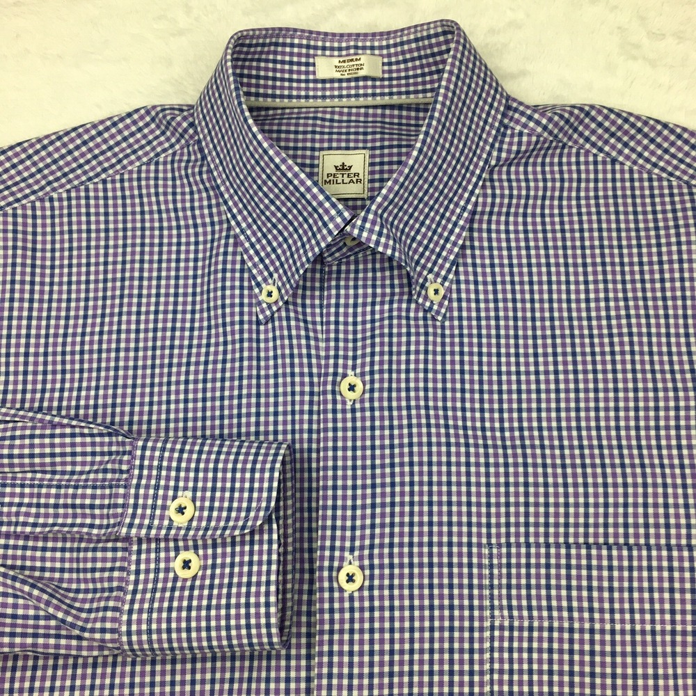 Peter Millar Crown Dress Shirt Mens‎ Medium Purple/Blue Check Long Sleeves